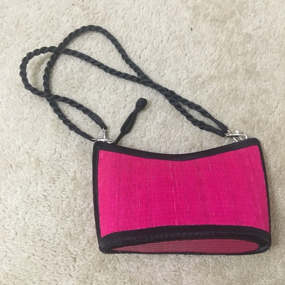 Baskets of Cambodia Handbags - Baskets of Cambodia Woven Bamboo Purse Shoulder Bag Pink Black Detachable Staps